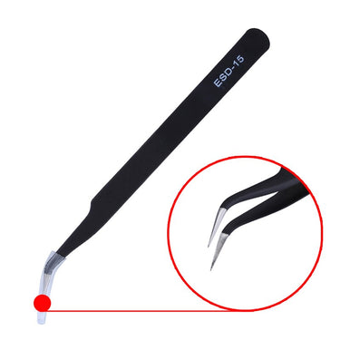 ESD safe anti-static tweezers, curved tip detail